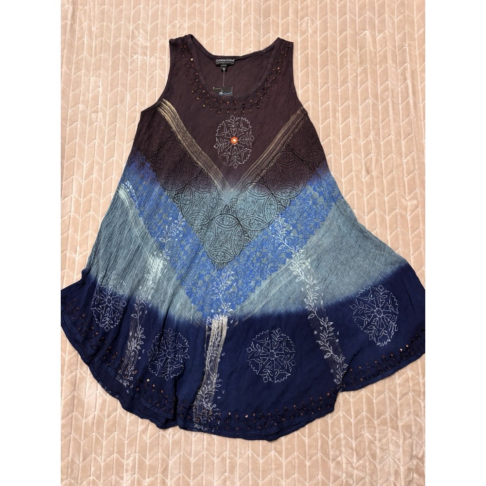 GreaterGood Boho Tank Dress Rayon Tie Dye Sequined Embellished Gypsy Free Size